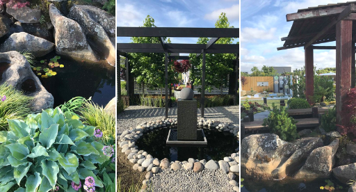 Water inspired gardens featured greenery, rocks and pergolas.